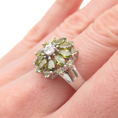 925 Sterling Silver Marquise & Round-Cut Green White C Z Ring Size 8