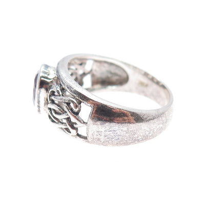 925 Sterling Silver Vintage Real Amethyst Celtic Knot Oxidized Ring Size 9