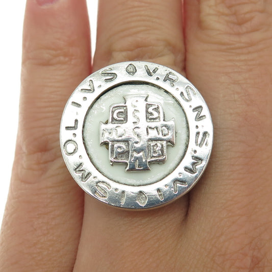 925 Sterling Silver Vintage Enamel Saint Benedict Religious Ring Size 6.25