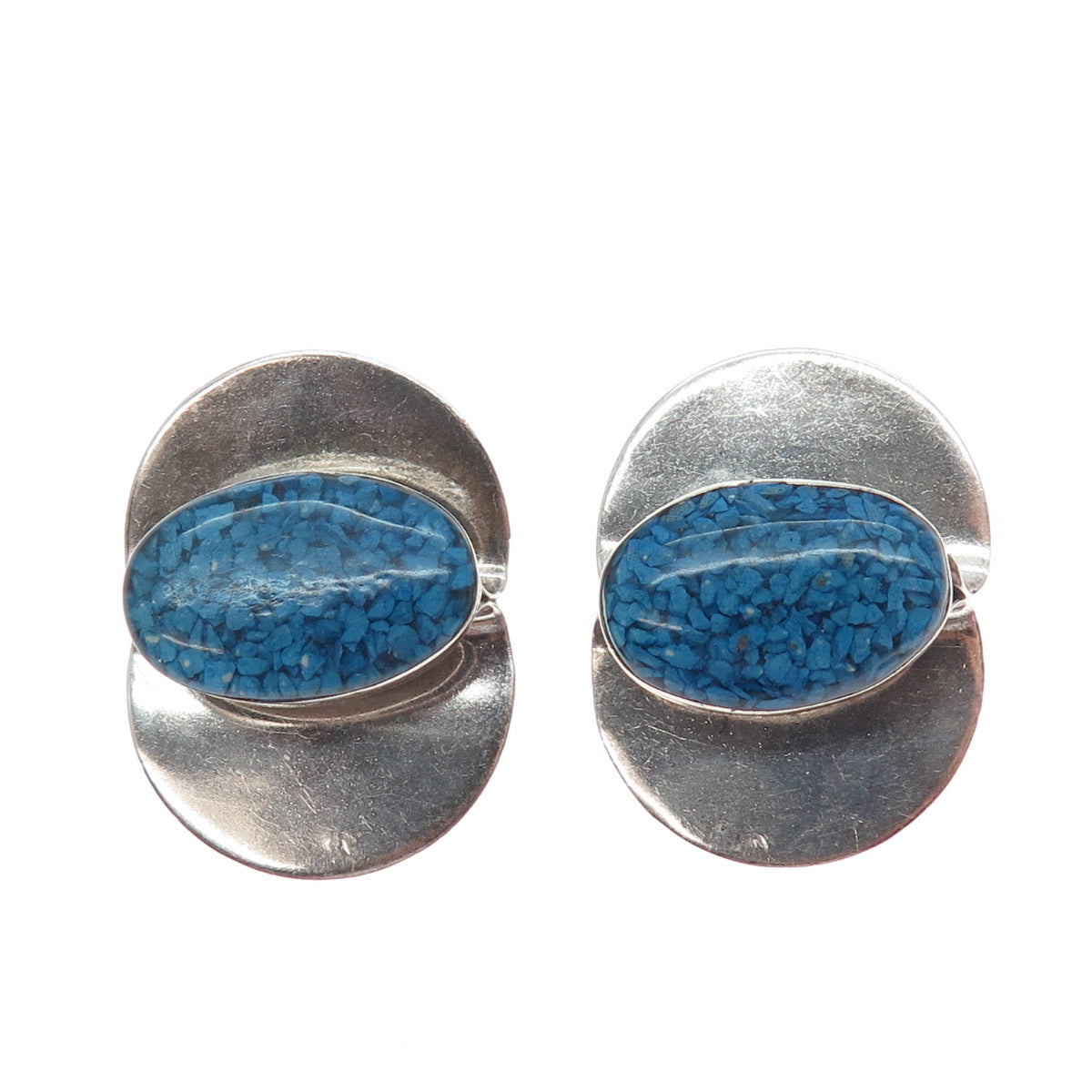 925 Sterling Silver Vintage Real Turquoise Inlay Modernist Clip On Earrings