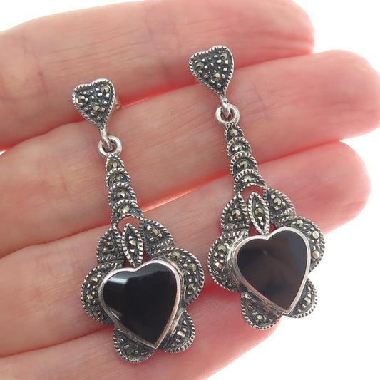 925 Sterling Silver Vintage Real Black Onyx & Marcasite Art-Deco-Style Earrings