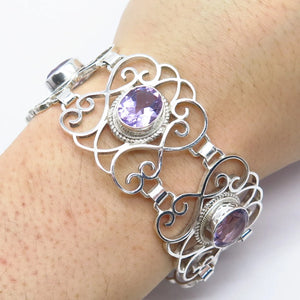 925 Sterling Silver Vintage Real Amethyst Gem Ornate Panel Link Bracelet 7.75"