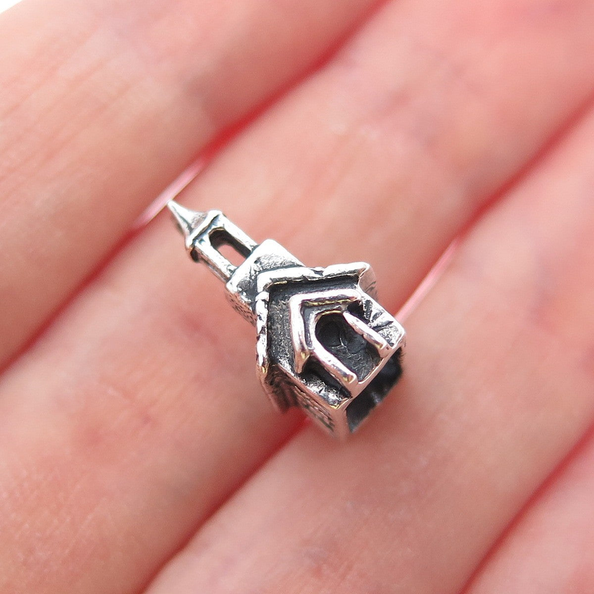 925 Sterling Silver Vintage Old Church Oxidized Minimalist 3D Charm Pendant