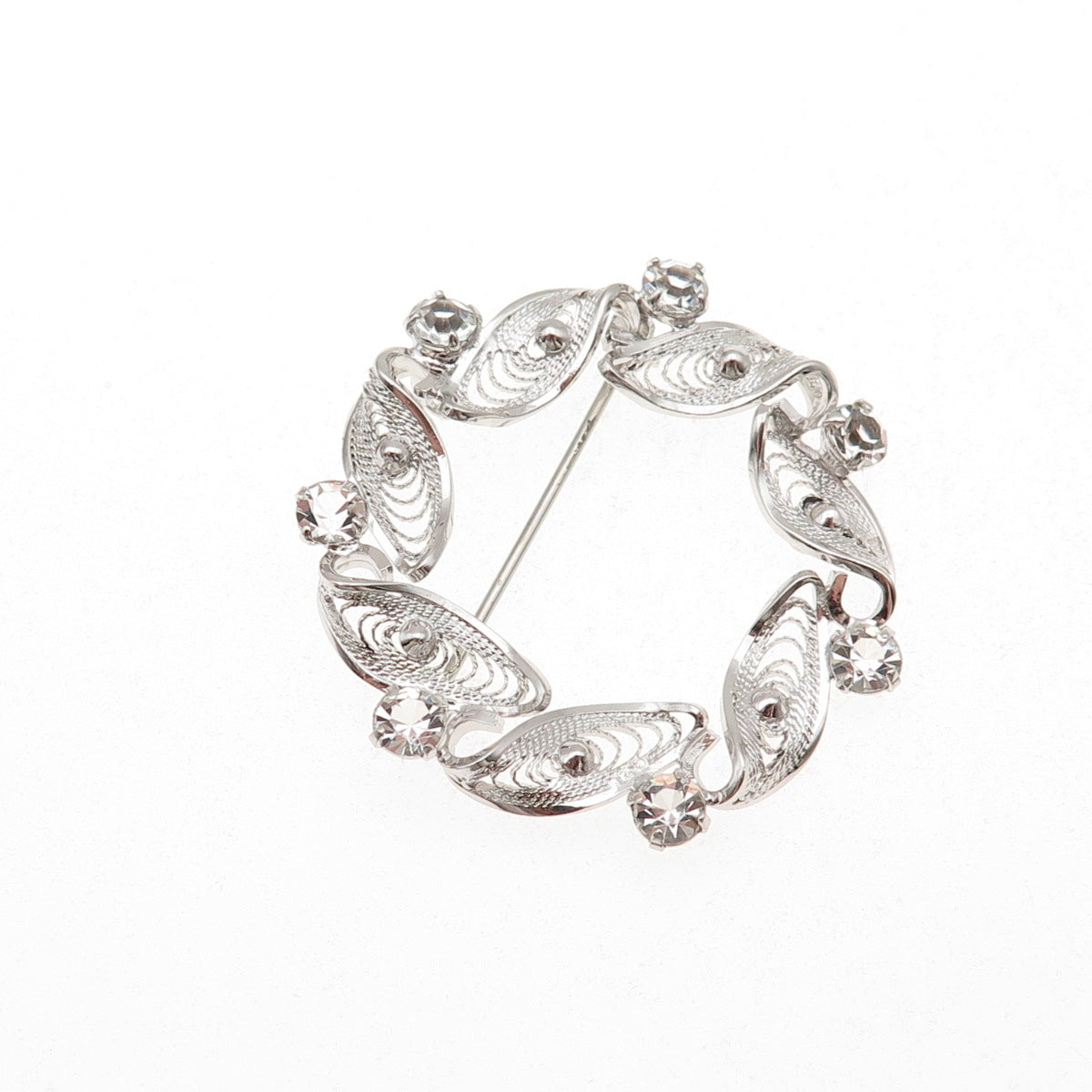 Am Lee 925 Sterling Silver Vintage Rhinestone Filigree Floral Pin Brooch