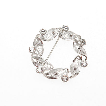 Am Lee 925 Sterling Silver Vintage Rhinestone Filigree Floral Pin Brooch