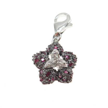 925 Sterling Silver Real White Topaz & Ruby Floral Lobster Lock Charm Pendant