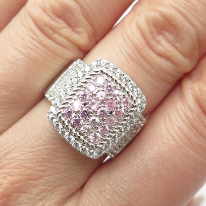 925 Sterling Silver Blue White & Pink C Z Rectangle Ring Size 7