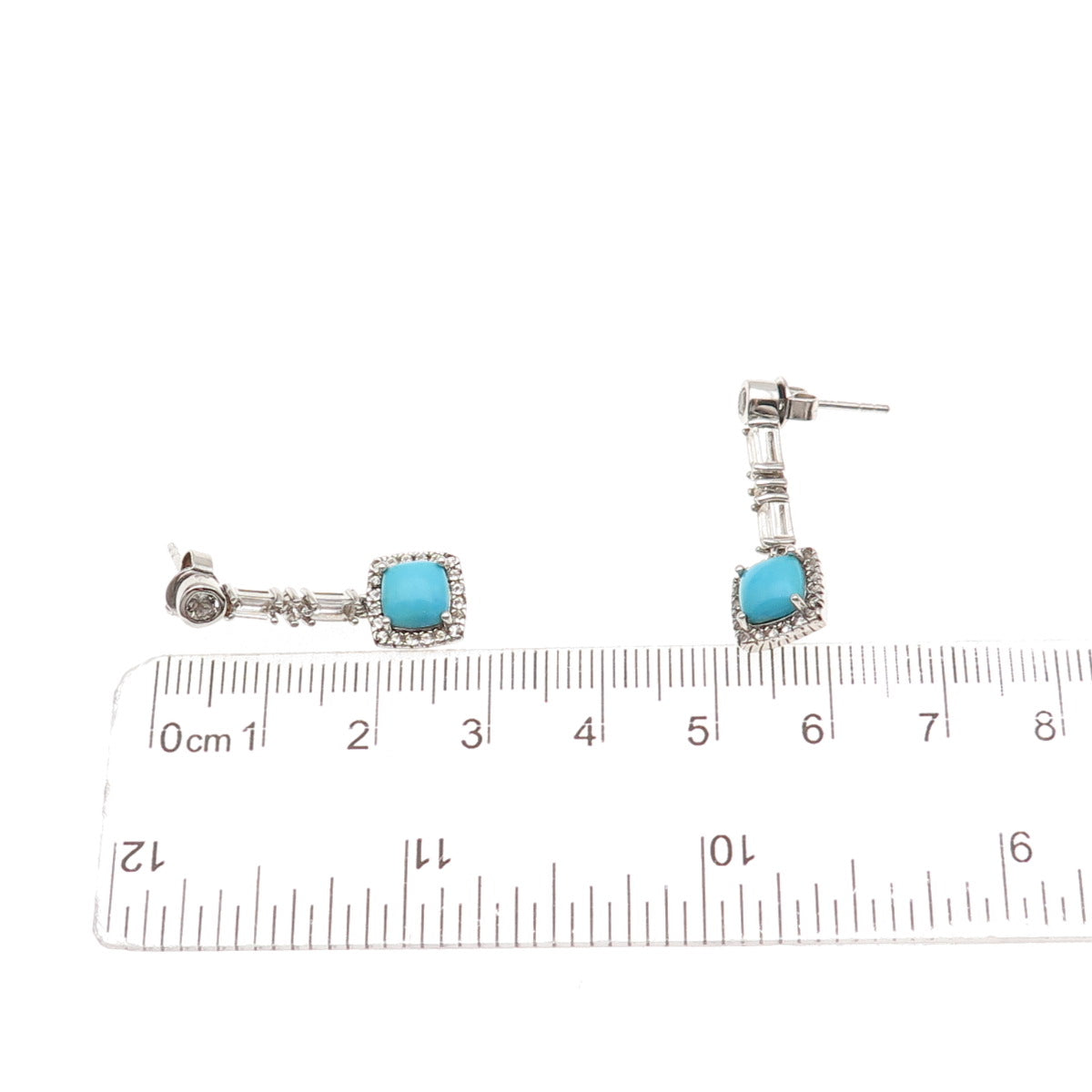 925 Sterling Silver Real Sleeping Beauty Turquoise & White Topaz Dangle Earrings