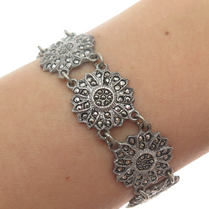 925 Sterling Silver Antique Marcasite Flower Link Bracelet 7" (missing 4 stones)