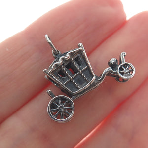 925 Sterling Silver Vintage Carriage Oxidized Minimalist 3D Charm Pendant
