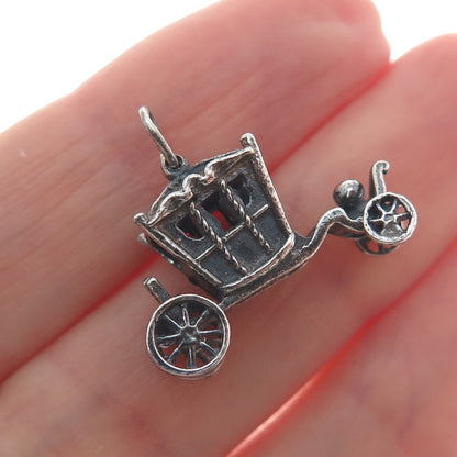 925 Sterling Silver Vintage Carriage Oxidized Minimalist 3D Charm Pendant