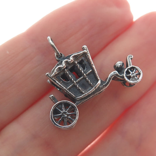 925 Sterling Silver Vintage Carriage Oxidized Minimalist 3D Charm Pendant