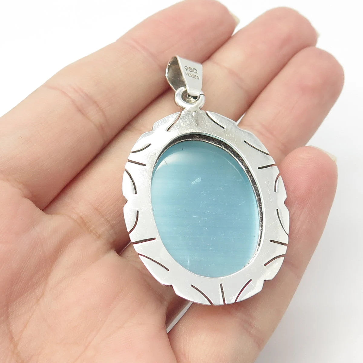 950 Silver Vintage Mexico Real Blue Fiber Optic Cat's Eye Gem Pendant