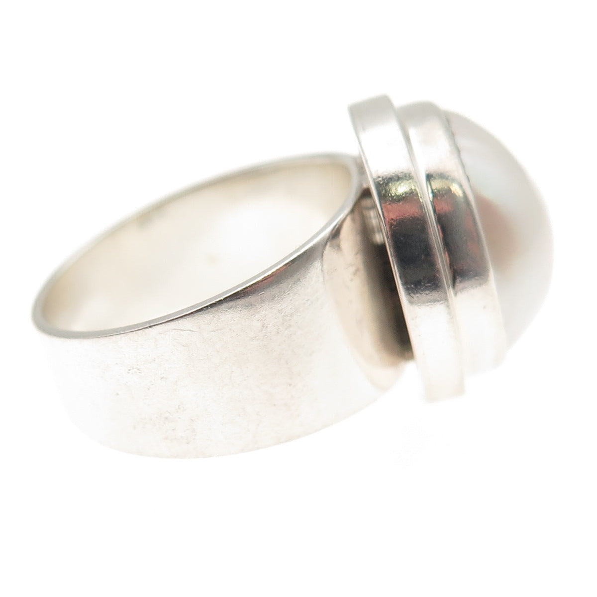925 Sterling Silver Vintage Real Pearl Modernist Oxidized Ring Size 9.25