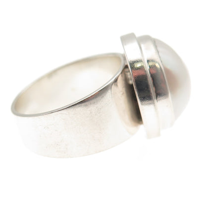 925 Sterling Silver Vintage Real Pearl Modernist Oxidized Ring Size 9.25