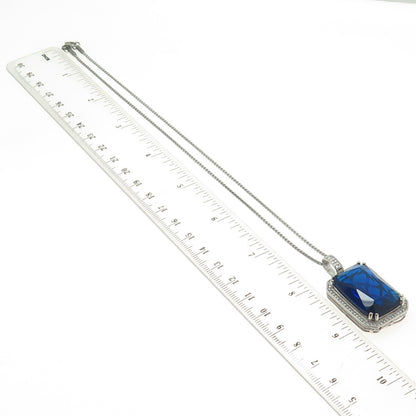 925 Sterling Silver Blue Glass & White C Z Round Box Chain Necklace 16"