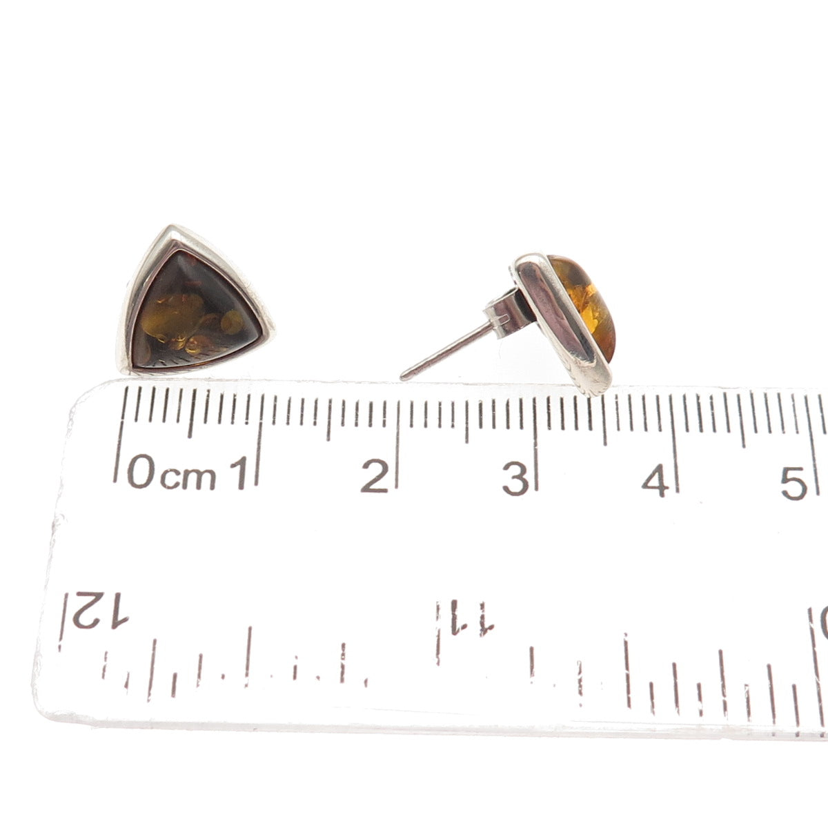 925 Sterling Silver Vintage Real Amber Triangle Stud Earrings