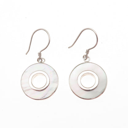 925 Sterling Silver Vintage Real MOP Modernist Disc Dangle Earrings