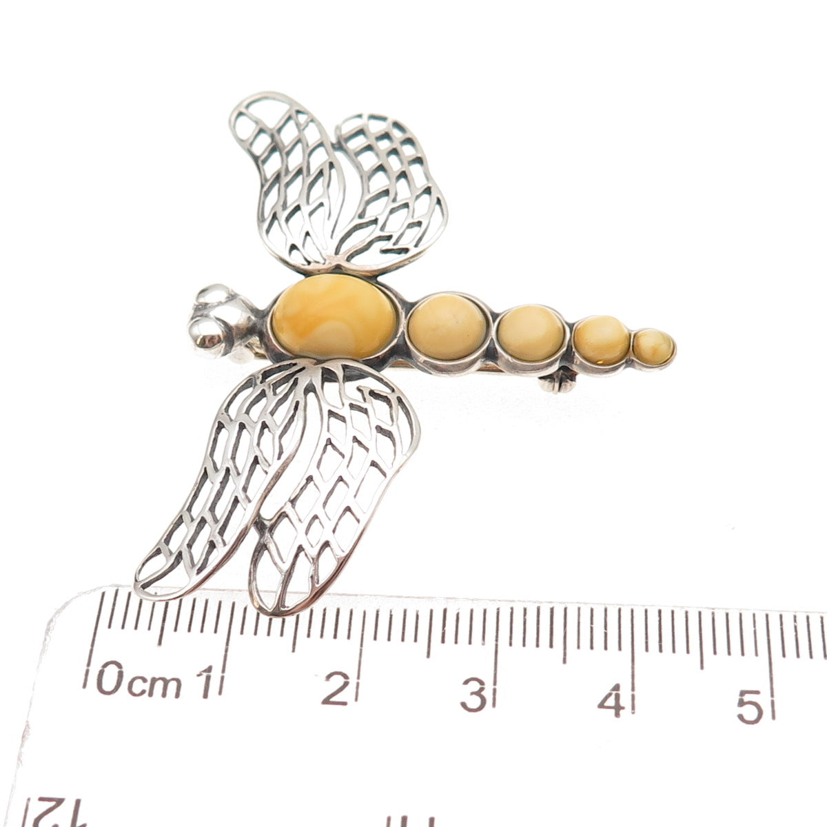 925 Sterling Silver Vintage Real Butterscotch Amber Dragonfly Pin Brooch
