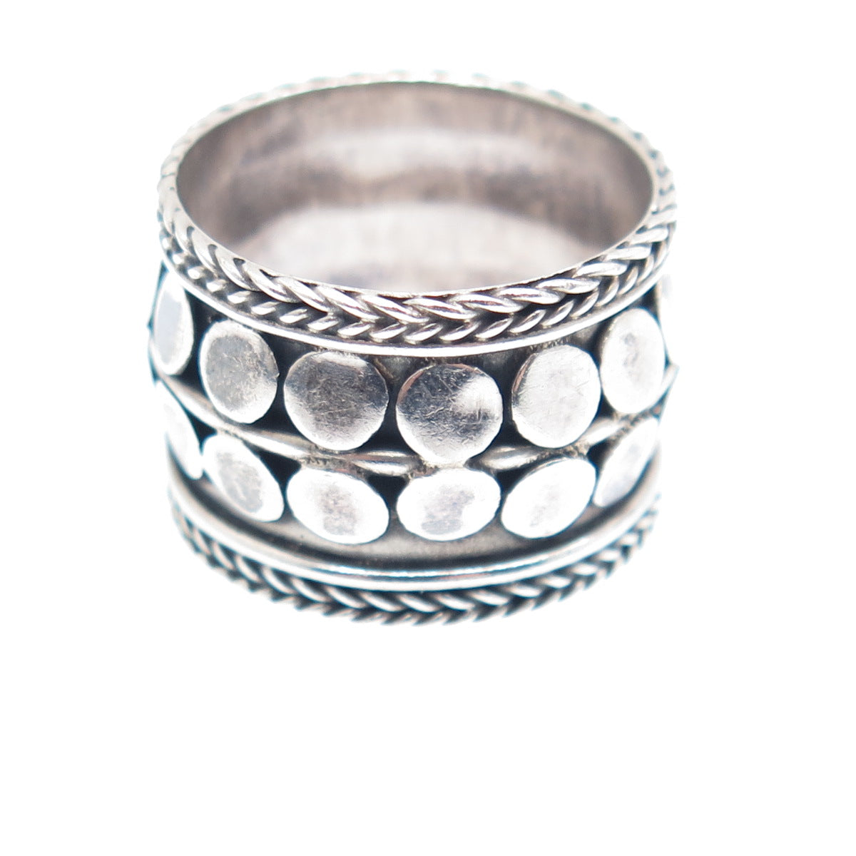 925 Sterling Silver Vintage Modernist Disc Dotted Band Oxidized Ring Size 6