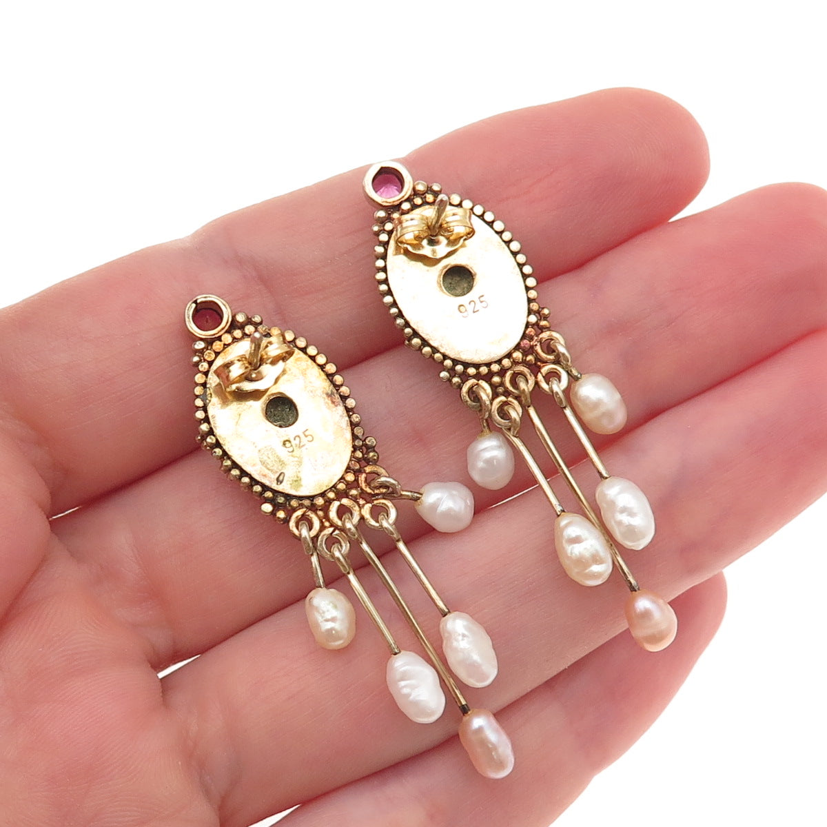 925 Sterling Silver Gold Plated Vintage Real Pearl & Amethyst Modernist Earrings