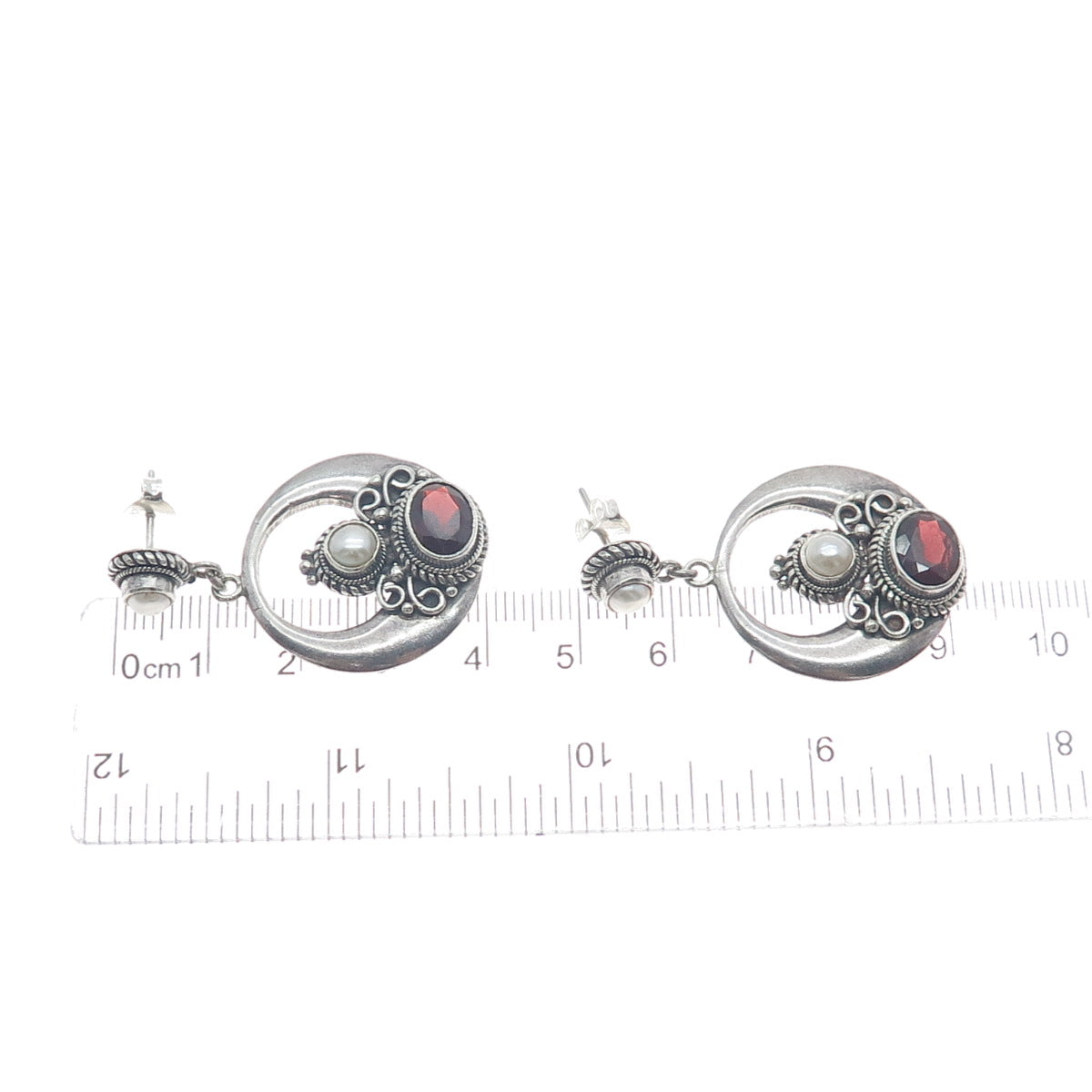 925 Sterling Silver Vintage Real Pearl & Red Garnet Crescent Dangle Earrings