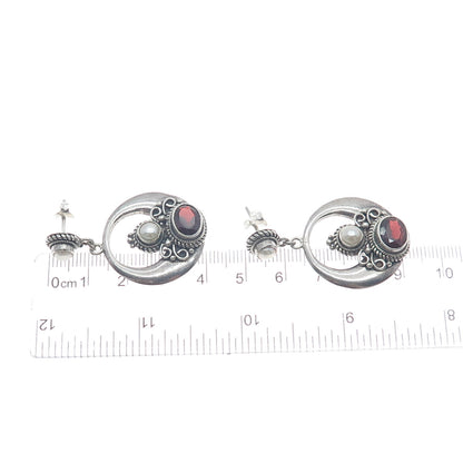 925 Sterling Silver Vintage Real Pearl & Red Garnet Crescent Dangle Earrings