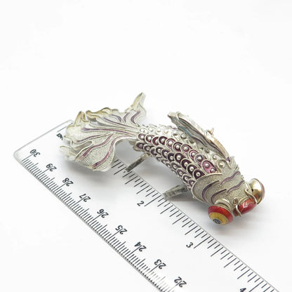 925 Sterling Silver Antique Enamel Chinese Koi Fish Chatelaine Fob