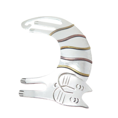 925 Sterling Silver 3-Tone Vintage Mexico Modernist Cat Cartoon Pin Brooch