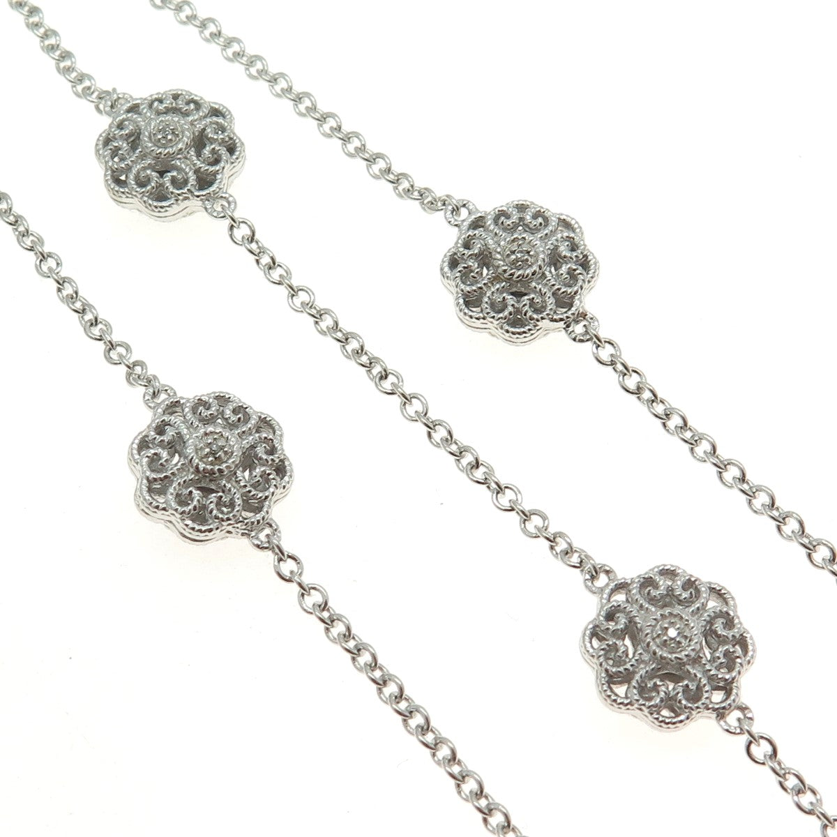 LESLIE 925 Sterling Silver Real Diamond Flower By The Yard Chain Necklace 36"