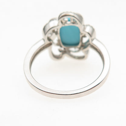 925 Sterling Silver Real Turquoise & White Topaz Floral Ring Size 8