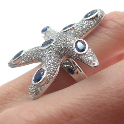 DSMK 925 Sterling Silver Real Sapphire & White Topaz Starfish Ring Size 7.25
