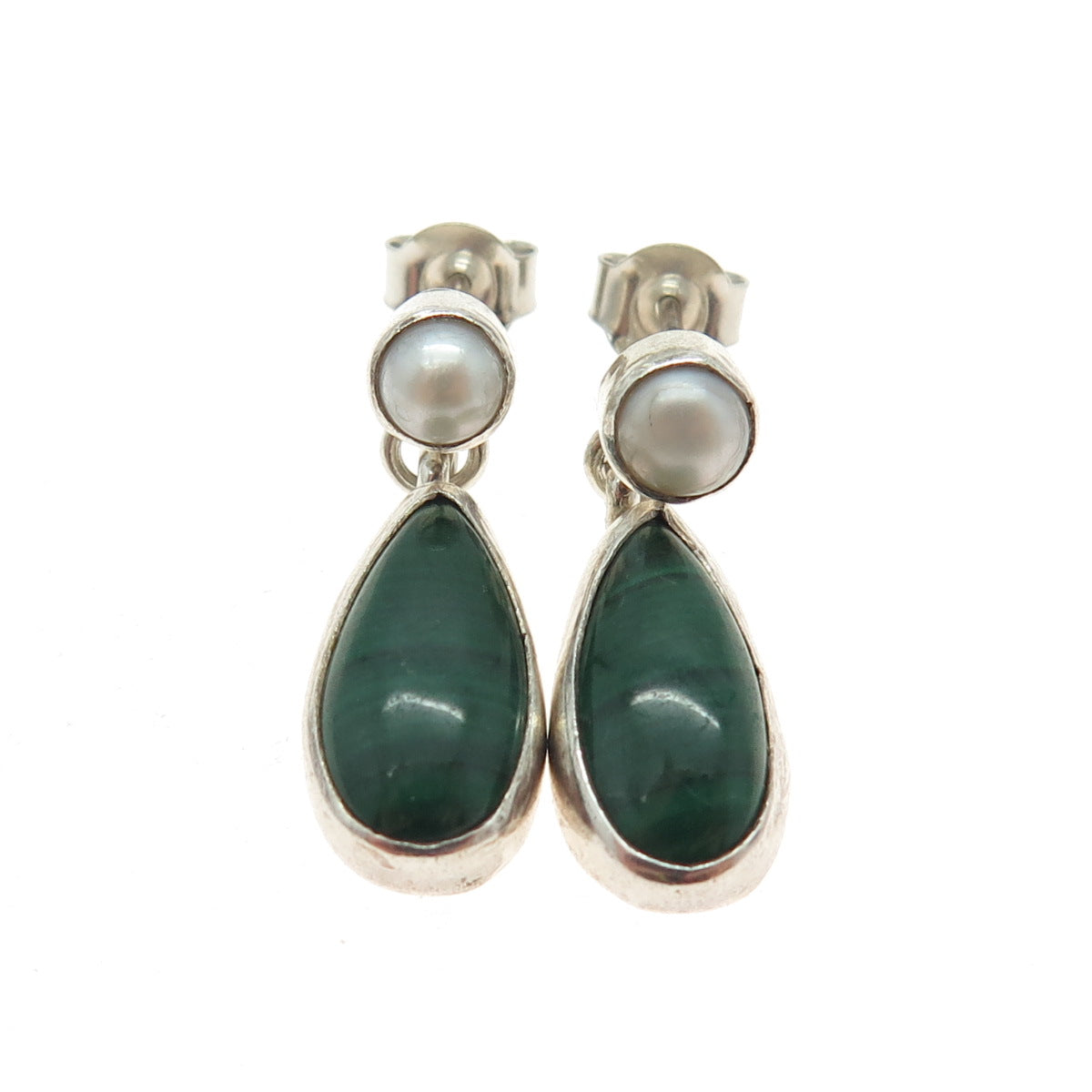 925 Sterling Silver Vintage Real Pearl & Malachite Gemstone Drop Earrings