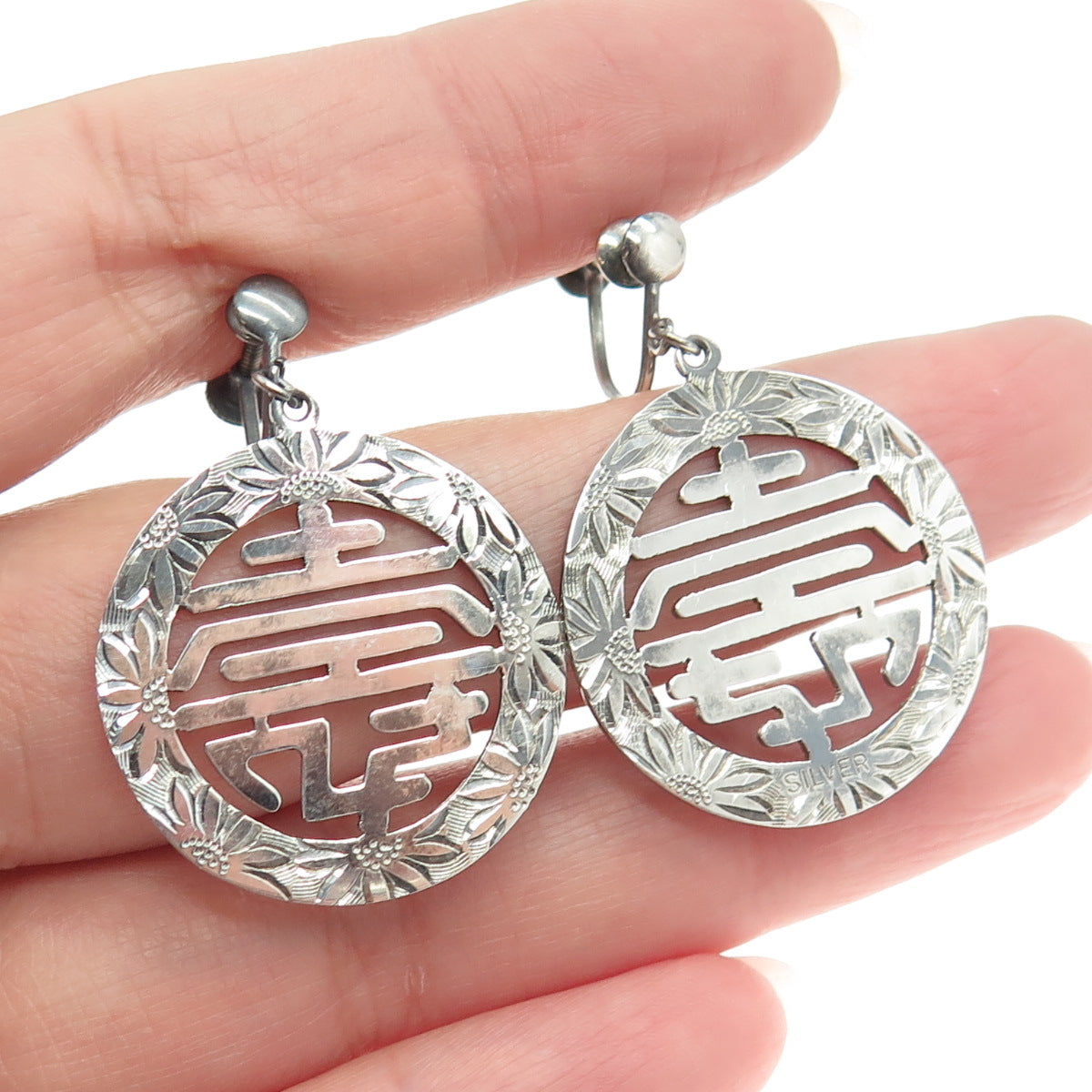 925 Sterling Silver Antique Art Deco Chinese Floral Engraved Screw Back Earrings