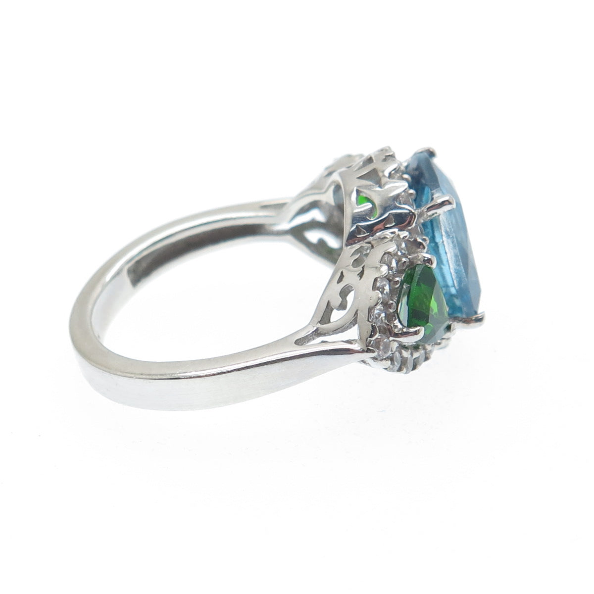 DSMK 925 Sterling Silver Real White & Blue Topaz Chrome Diopside Gem Ring Size 7
