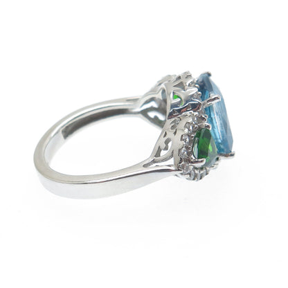 DSMK 925 Sterling Silver Real White & Blue Topaz Chrome Diopside Gem Ring Size 7