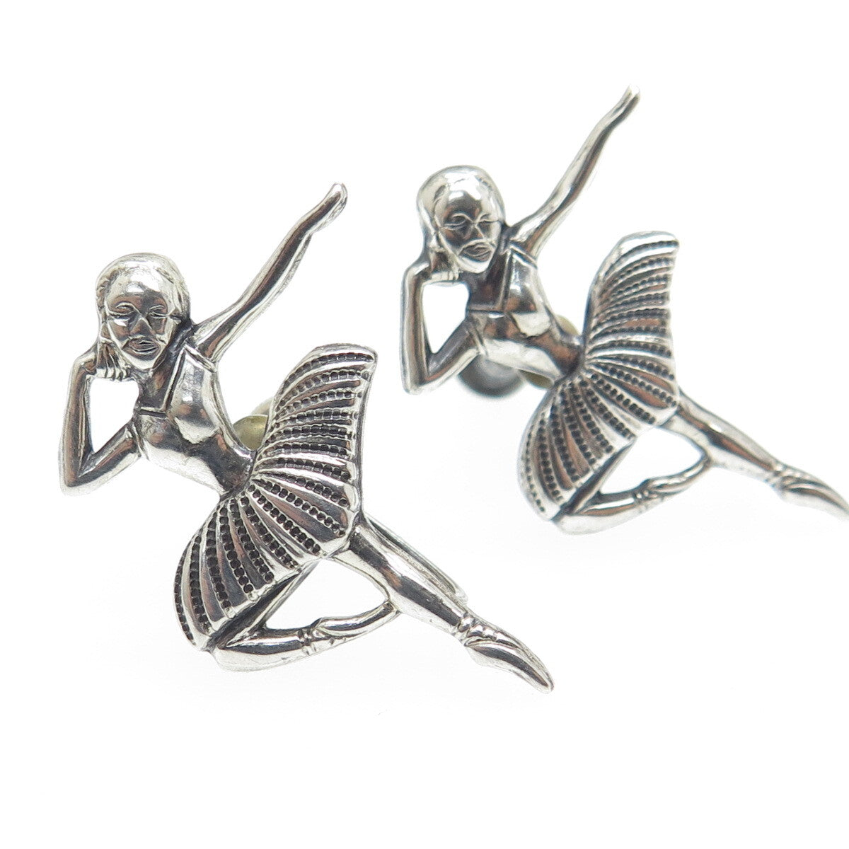 BEAU 925 Sterling Silver Antique Art Deco Ballerina Screw Back Oxidized Earrings