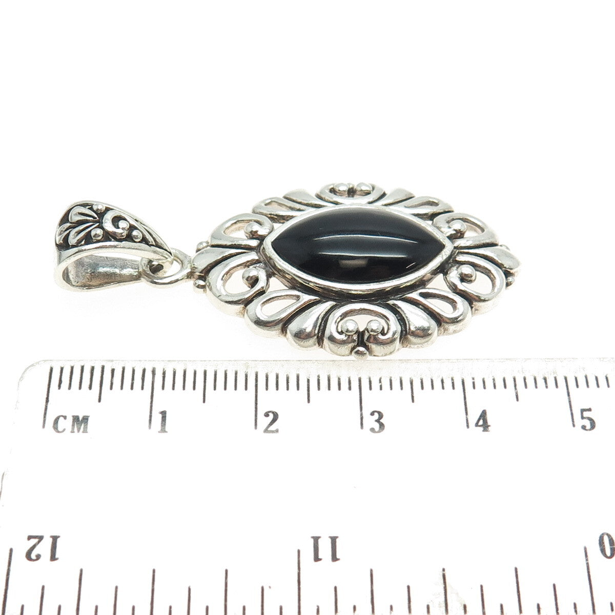 925 Sterling Silver Vintage Real Marquise-Cut Black Onyx Floral Pendant