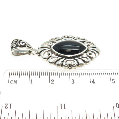 925 Sterling Silver Vintage Real Marquise-Cut Black Onyx Floral Pendant