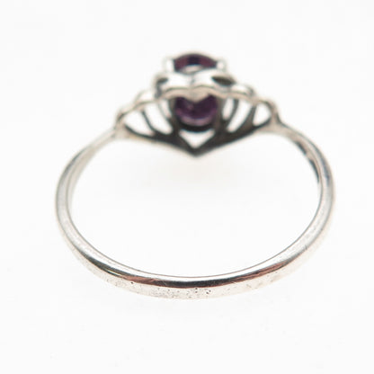 925 Sterling Silver Vintage Real Oval-Cut Amethyst Heart Oxidized Ring Size 9.25