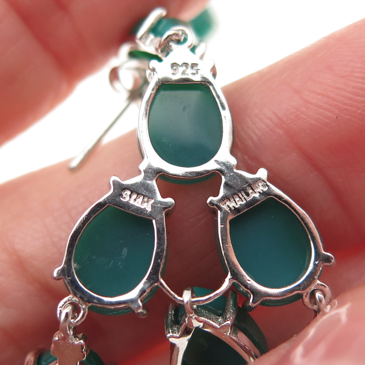 925 Sterling Silver Real Pear-Cut Green Onyx Chandelier Dangle Earrings