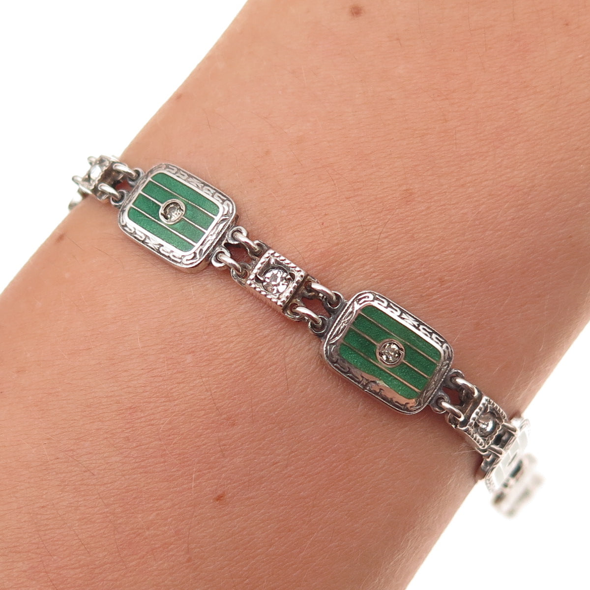 925 Sterling Antique Art Deco Enamel & Rhinestone Bracelet 7" (missing lock)