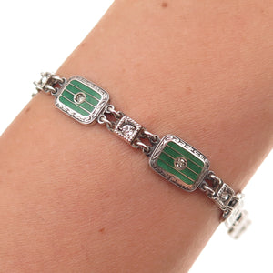 925 Sterling Antique Art Deco Enamel & Rhinestone Bracelet 7" (missing lock)