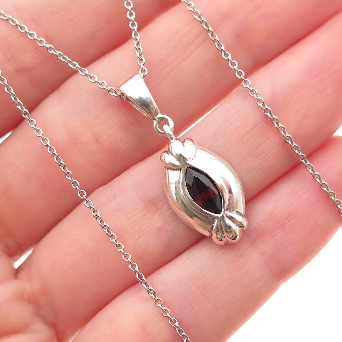 925 Sterling Silver Vintage Real Red Garnet Cable Chain Necklace 18"