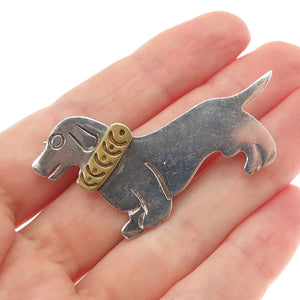 925 Sterling Silver 2-Tone Vintage Mexico Dachshund Dog Pin Brooch