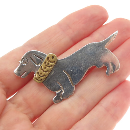 925 Sterling Silver 2-Tone Vintage Mexico Dachshund Dog Pin Brooch