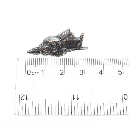 925 Sterling Silver Antique Japanese Fukurojin Oxidized Hollow Pin Brooch