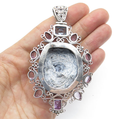 925 Sterling Silver Real Asote Druzy Amethyst Swiss Blue Topaz Gemstone Pendant