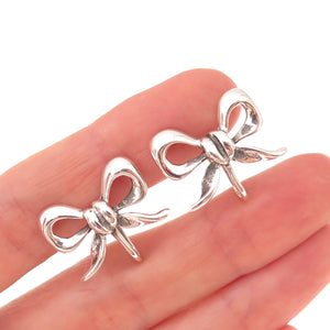 925 Sterling Silver Antique Art Deco Ribbon Bow Oxidized Screw Back Earrings