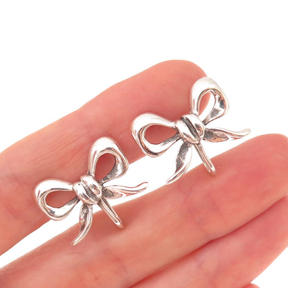 925 Sterling Silver Antique Art Deco Ribbon Bow Oxidized Screw Back Earrings